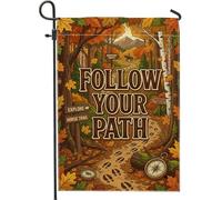 Drapeau de jardin avec citation inspirante de la forêt d'automne 30,5 x | Thème sentier forestier, drapeau de cour, citation inspirante, boussole et sabot imprimés, décoration de forêt rustique