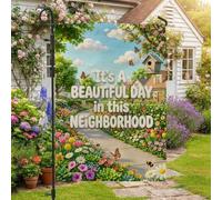 Drapeau de jardin avec citation inspirante du chemin de quartier 30,5 x | Citation inspirante, drapeau de cour, bordure florale vibrante, nichoir paisible, décoration extérieure de printemps et d'été