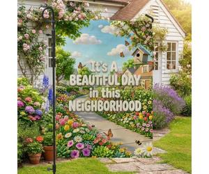 Drapeau de jardin avec citation inspirante du chemin de quartier 30,5 x | Citation inspirante, drapeau de cour, bordure florale vibrante, nichoir paisible, décoration extérieure de printemps et d'été