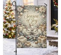 Drapeau de jardin avec citation Lapin de Noël Saison de joie 30,5 x 45,7 cm | Verdure d'hiver, drapeau de cour, boîtes cadeaux, fleurs de poinsettia, salutations saisonnières, décoration de cour