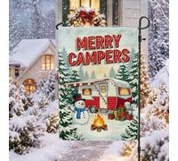 Drapeau de jardin avec citation Merry Campers Winter Camping Camping Noël | Remorque de voyage vintage, drapeau de pelouse, décoration bonhomme de neige, feu de camp lumineux, fond de forêt de pins