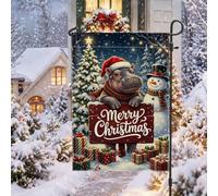 Drapeau de jardin avec citation « Merry Christmas » hippopotame 30,5 x 45,7 | Pin enneigé, drapeau de pelouse, bonhomme de neige, boîtes cadeaux emballées, décoration de cour extérieure