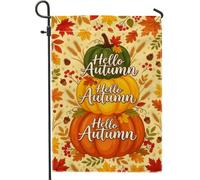 Drapeau de jardin avec citrouilles empilées Hello Autumn 30,5 x 45,7 cm | Motif citrouilles empilées, drapeau de pelouse, feuillage de récolte d'automne, typographie saisonnière chaude