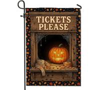 Drapeau de jardin avec citrouilles pour ticket d'Halloween 30,5 x 45,7 cm | Motif cabine de billets, drapeau de cour, feuilles d'automne, toiles d'araignée, jack-o'-lanterne, décorations de cour