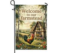 Drapeau de jardin avec coq - Campagne rustique - Fleurs de chalet - En toile de jute verte - Double face - Petit drapeau de jardin pour extérieur, terrasse, pelouse, porche, balcon - 30,5 x 45,7 cm