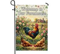 Drapeau de jardin avec coq, ferme rustique, poulets, roses, toile de jute verte printanière, double face, petit drapeau de jardin, cour, pour extérieur, porche, pelouse, terrasse, 30,5 x 45,7 cm