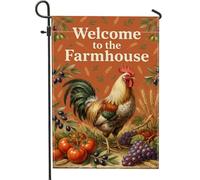 Drapeau de jardin avec coq, ferme rustique, tomates, raisins, automne, orange, double face, petit drapeau de jardin pour extérieur, terrasse, pelouse, porche, entrée, camping 30,5 x 45,7 cm
