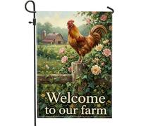Drapeau de jardin avec coq, fleurs de campagne rustiques, grange, printemps, toile de jute verte double face, petit drapeau de jardin pour extérieur, pelouse, porche, terrasse, entrée, 30,5 x 45,7 cm