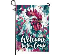 Drapeau de jardin avec coq - Fleurs rustiques - Feuilles de printemps - Bleu sarcelle - Double face - Petit drapeau de jardin pour extérieur, porche, pelouse, terrasse, 30,5 x 45,7 cm