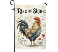 Drapeau de jardin avec coq - Fleurs rustiques - Feuilles - Rouge printemps - Double face - Petit drapeau de jardin pour extérieur, terrasse, pelouse, porche, entrée, camping - 30,5 x 45,7 cm
