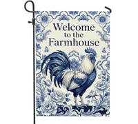 Drapeau de jardin avec coq, fleurs rustiques, papillons, printemps bleu, toile de jute double face, petit drapeau de jardin pour extérieur, terrasse, pelouse, porche, entrée, camping 30,5 x 45,7 cm