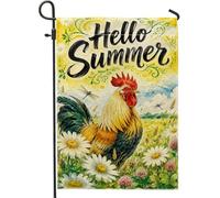 Drapeau de jardin avec coq, marguerites rustiques, libellules d'été jaune double face, petit drapeau de jardin pour extérieur, terrasse, pelouse, porche, entrée, camping 30,5 x 45,7 cm