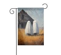 Drapeau de jardin avec deux fantômes mignons - Maison abandonnée - 30 x 45 cm - Vertical double face - Décoration extérieure de ferme - Drapeau de cour