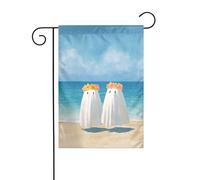 Drapeau de jardin avec deux fantômes mignons marchant le long de la plage 30 x 45 cm vertical double face ferme vacances décorations extérieures drapeau de cour
