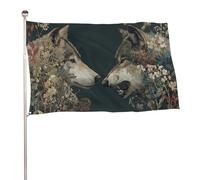 Drapeau de jardin avec deux loups face à face avec fleurs - 91 x 152 cm - Décoration pour cour, porche, pelouse, ferme