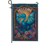 Drapeau de jardin avec dragon de bienvenue, créature mythique bleue, décoration extérieure, bannière de cour printemps-été, design double face pour décoration de maison et de jardin, 30,5 x 45,7 cm