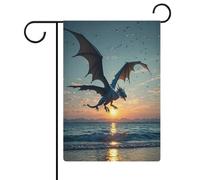 Drapeau de jardin avec dragon volant et coucher de soleil - Bannière double face - Petits drapeaux personnalisés pour piscine, cour, extérieur - Décoration murale - 32,6 x 47,5 cm