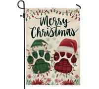 Drapeau de jardin avec empreintes de pattes, lumières festives de Noël, chapeau de Père Noël, toile de jute verte, drapeaux décoratifs double face pour extérieur, terrasse, pelouse, porche, balcon