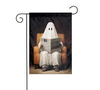 Drapeau de jardin avec fantôme lisant le journal dans un fauteuil 30 x 45 cm vertical double face ferme vacances décorations extérieures drapeau de cour