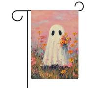 Drapeau de jardin avec fantôme mignon tenant des fleurs en toile de jute double face 30,5 x 45,7 cm