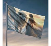 Drapeau de jardin avec inscription « Man Cave Bar » « A Woman In A White Dress Standing Side A Winged Lion At Sunset » - Décoration de porche amusante pour l'extérieur (120 x 180 cm)