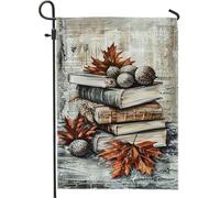 Drapeau de jardin avec livres et feuilles d'automne, bannière de décoration d'automne marron et orange, drapeau double face en toile de jute pour décoration de pelouse extérieure, 30,5 x 45,7 cm
