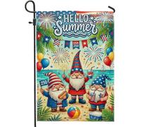 Drapeau de jardin avec motif de nains de jardin, feux d'artifice festifs, ballon de plage, été rouge en toile de jute double face, drapeaux décoratifs pour extérieur, terrasse, pelouse, porche, entrée