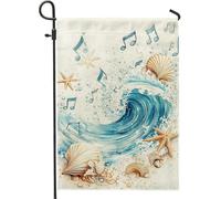 Drapeau de jardin avec notes de musique de vague de l'océan, bannière de décoration côtière bleue, drapeau double face en toile de jute pour décoration de pelouse en été et extérieur, 30,5 x 45,7 cm
