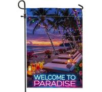 Drapeau de jardin avec palmiers, cocktail tropical relaxant sur la plage, bleu d'été, double face, en toile de jute décorative pour extérieur, terrasse, pelouse, porche, balcon, 30,5 x 45,7 cm