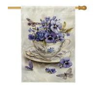 Drapeau de jardin avec pensée violette, tasse à thé florale, papillons, décoration d'extérieur, bannière double face en toile de jute pour décoration de pelouse, 71 x 101 cm