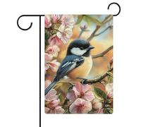 Drapeau de jardin avec petite mésange dans un jardin fleuri, drapeau extérieur de maison, cour, drapeau de vacances saisonnières, drapeau double face 30,5 x 45,7 cm