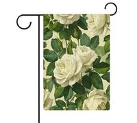 Drapeau de jardin avec roses blanches avec feuilles vertes en toile de jute double face 30,5 x 45,7 cm