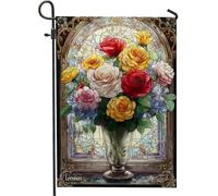 Drapeau de jardin avec roses colorées, bannière de décoration d'intérieur en vitrail floral vif, drapeau de cour double face pour décoration extérieure de printemps, style vintage classique 30,5 x