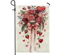 Drapeau de jardin avec roses, cœurs floraux romantiques, fraises, Saint-Valentin, rouge, double face, petit drapeau de jardin pour extérieur, terrasse, pelouse, porche, entrée, camping 30,5 x 45,7 cm