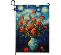 Drapeau de jardin avec roses rouges vives, fond tourbillon bleu, décoration extérieure, drapeau de pelouse saisonnier double face, beau design floral pour décoration de maison et de jardin, 30,5 x