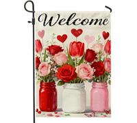 Drapeau de jardin avec roses - Tulipes romantiques - Cœurs - Rouge - Double face - Décoration extérieure pour extérieur, pelouse, porche, terrasse, entrée - 30,5 x 45,7 cm