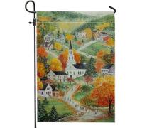 Drapeau de jardin avec scène de village d'automne, arbres d'automne colorés et bannière de cour d'église, drapeau décoratif double face pour décoration extérieure de Thanksgiving 30,5 x 45,7 cm