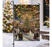 Drapeau de jardin avec scène de village de Noël nostalgique 30,5 x 45,7 cm | Scène de village victorien, drapeau de cour, lampadaires lumineux, calèche, pin, paysage d'hiver