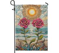 Drapeau de jardin avec scène océanique d'été, roses de pêche et soleil - Bannière décorative en tissu double face - Idéal pour les fêtes côtières et le jardin de la maison - 30,5 x 45,7 cm