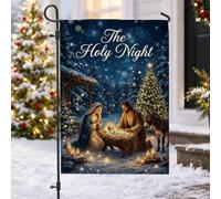 Drapeau de jardin avec scène religieuse de Noël 30,5 x 45,7 cm | Script de la nuit sainte, drapeau de pelouse, bougies lumineuses, arbres à feuilles persistantes, silhouette d'âne