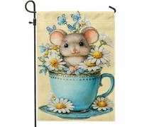 Drapeau de jardin avec souris dans une tasse de thé, bannière de décoration d'intérieur avec chrysanthème floral bleu, drapeau double face en toile de jute, décoration de pelouse extérieure 30,5 x