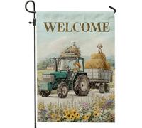 Drapeau de jardin avec tracteur de ferme de bienvenue, bannière verte vintage pour décoration d'intérieur, drapeau de cour en toile de jute, décoration saisonnière de pelouse, 30,5 x 45,7 cm