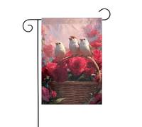 Drapeau de jardin avec trois oiseaux sur le bord de roses rouges - 30 x 45 cm - Double face verticale - Décoration extérieure de ferme