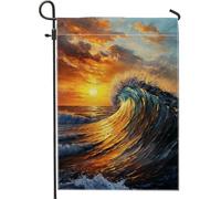 Drapeau de jardin avec vagues de l'océan et coucher de soleil, art vibrant de l'eau bleue pour la décoration de la maison, drapeau en vrac double face, décoration de pelouse extérieure, 30,5 x 45,7 cm