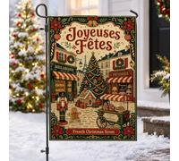 Drapeau de jardin avec village de Noël français 30,5 x 45,7 cm | Scène de boulangerie française, drapeau de cour, figurine de casse-noisette, biscuits en pain d'épices