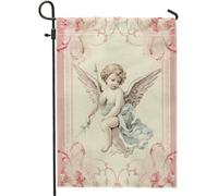 Drapeau de jardin baroque ange paradisiaque arc flèche fleurs ailes esthétique lin rose décorations extérieures patio palmes maison fête double face anniversaire mariage décoration drapeau 30,5 x 45,7