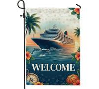 Drapeau de jardin, bateau de croisière, dauphins nautiques tropicaux, palmiers, toile de jute bleue d'été, drapeaux décoratifs double face pour extérieur, terrasse, pelouse, porche, entrée, camping