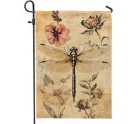 Drapeau de jardin beige floral libellule, design botanique vintage pour décoration de cour pour printemps-été, bannière double face en toile de jute pour décoration extérieure de la maison, 30,5 x