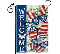 Drapeau De Jardin Bienvenue Aquarelle Amérique Étoiles Papillons Feuilles D'Eucalyptus Drapeaux Décoratif Double Face 30X45Cm Drapeau Pour Plage Intérieure