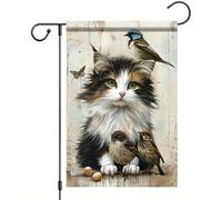 Drapeau De Jardin Bienvenue Printemps Calico Chat Chaton Oiseau Bienvenue Drapeau De Bienvenue Couleurs Vives Drapeaus Décoratif Premium Pride Flag Pour Pelouse Home Pavillon 30X45Cm